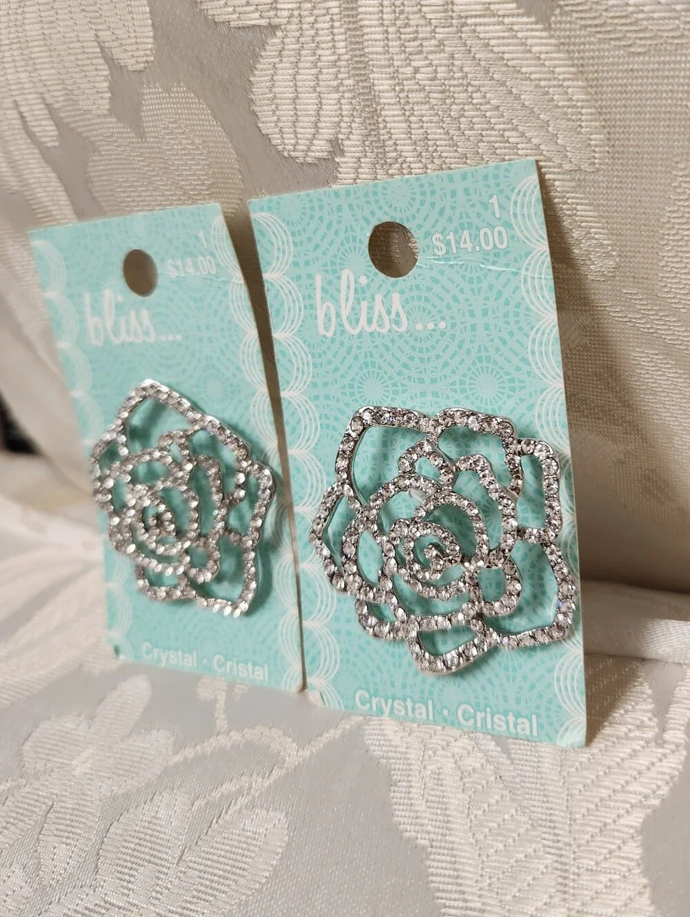 2 Rhinestone Crystal Rose Flower Buttons Brooch Sewing Crafts NWT Bliss...